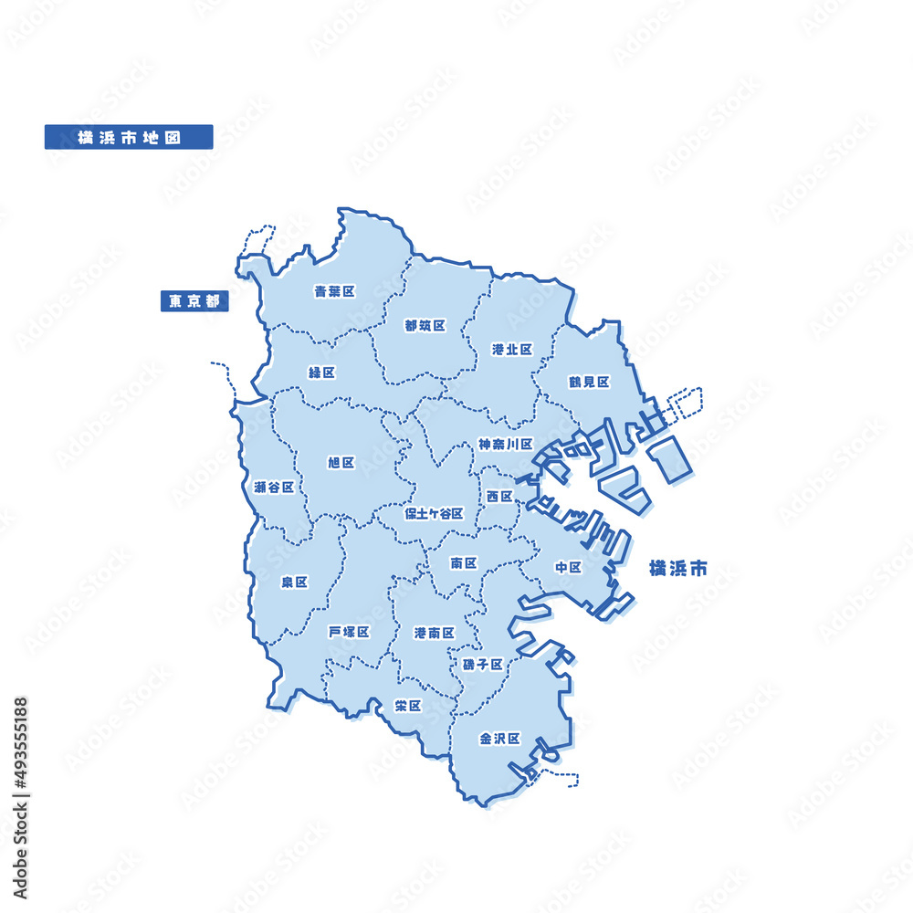 横浜市地図 シンプル淡青 市区町村
