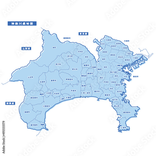 神奈川県地図 シンプル淡青 市区町村