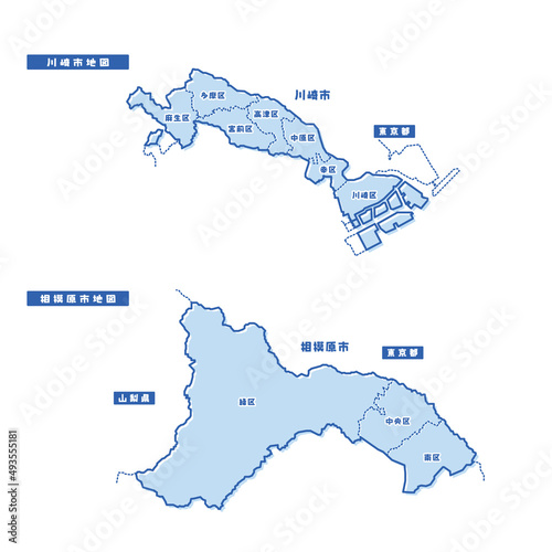 川崎市+相模原市地図 シンプル淡青 市区町村