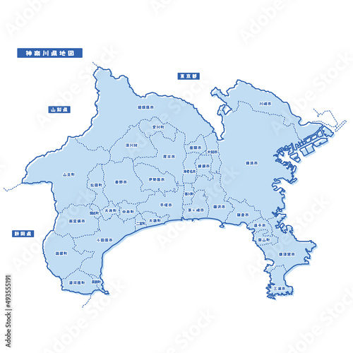 神奈川県地図 シンプル淡青 市区町村