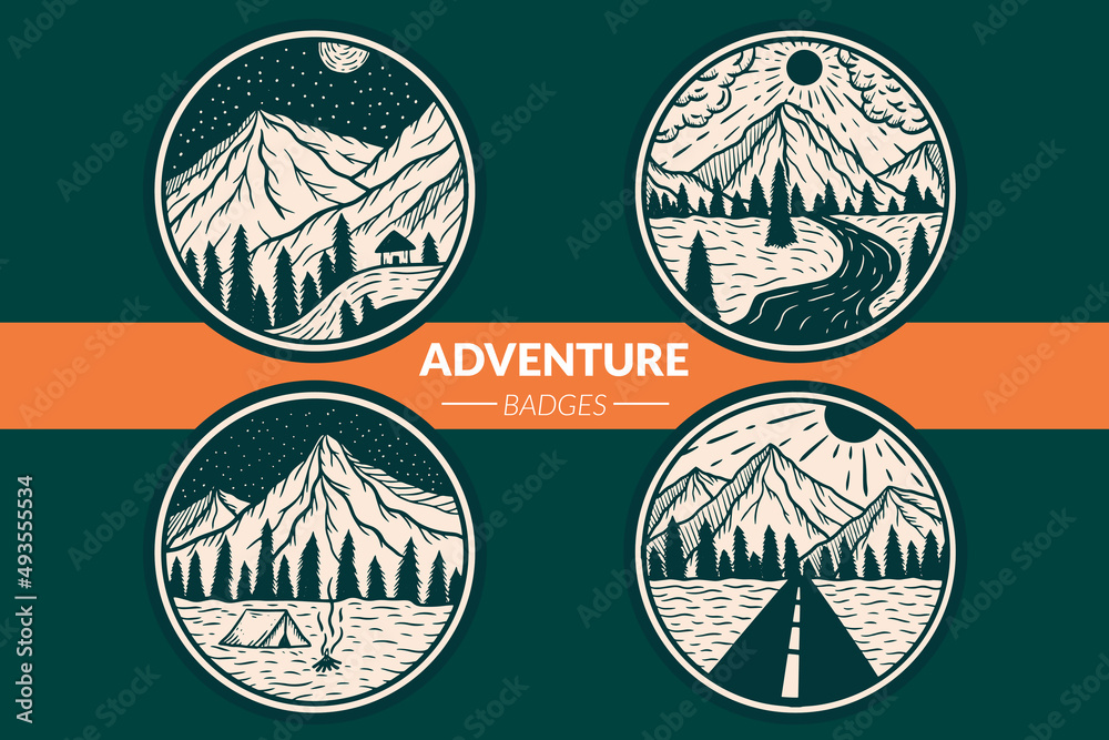 Set Adventure Logo Badges Mountain Camping Landscape Vintage outdoor Hand Drawn icon clipart illustration