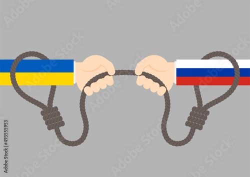 Hand of Ukraine and Russia flag pull rope lasso (tug of war game), Diplomacy crisis war concept, flat design illustration isolated on grey background with copy space, vector eps 10