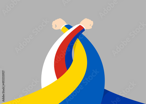 Arm wrestling Hand of Ukraine and Russia flag, Diplomacy conflict crisis war concept, flat design illustration isolated on grey background with copy space, vector eps 10
