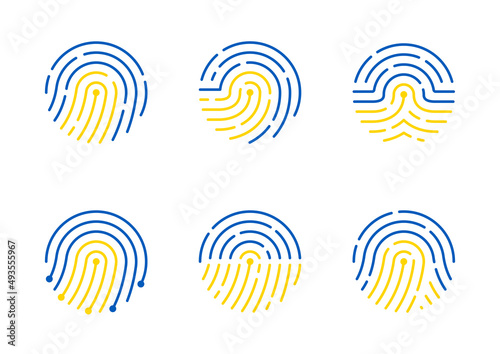 Fingerprint icon editable stroke with Ukraine flag pattern color, technology identity data concept, flat design illustration isolated on white background with copy space, vector eps 10