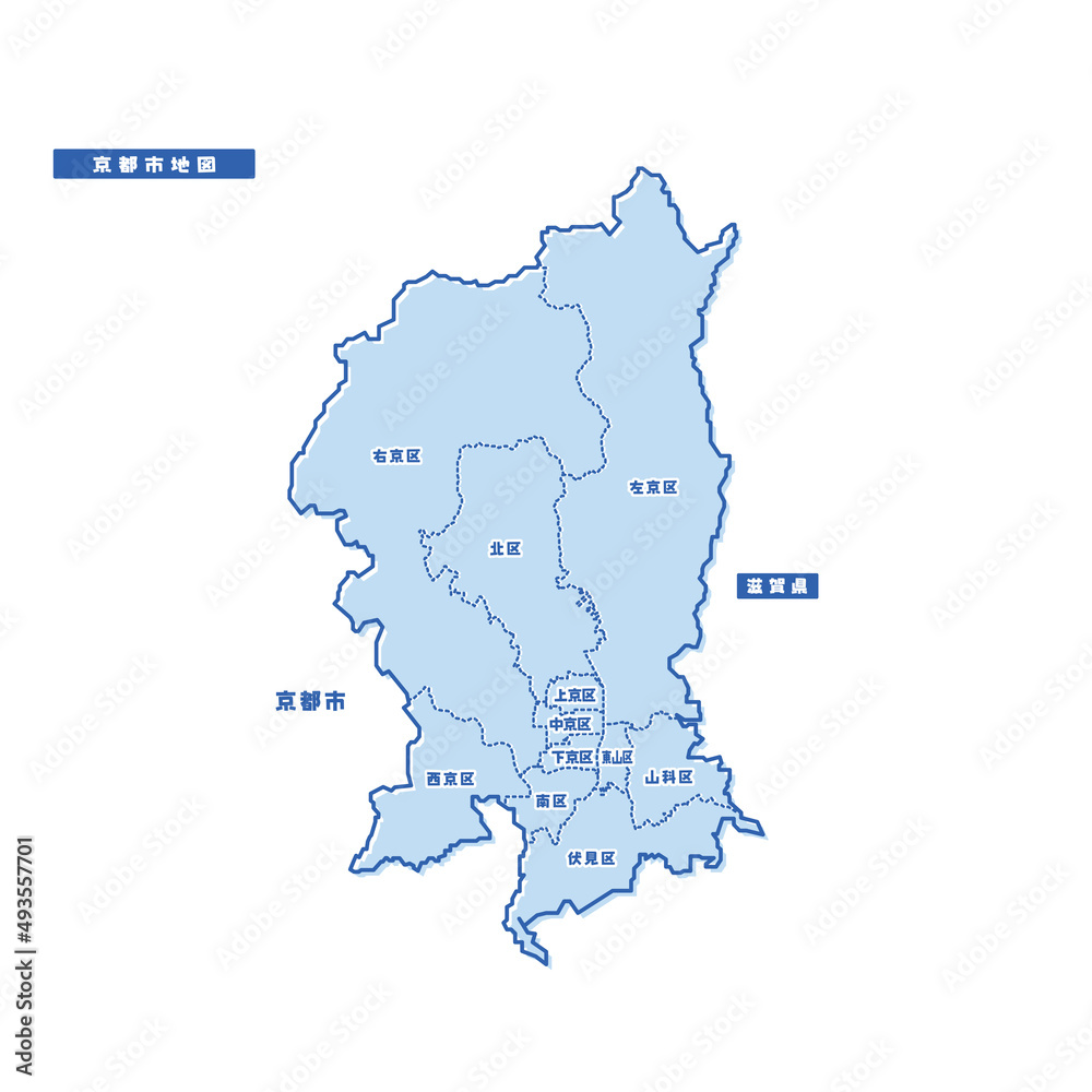 Naklejka premium 京都市地図 シンプル淡青 市区町村