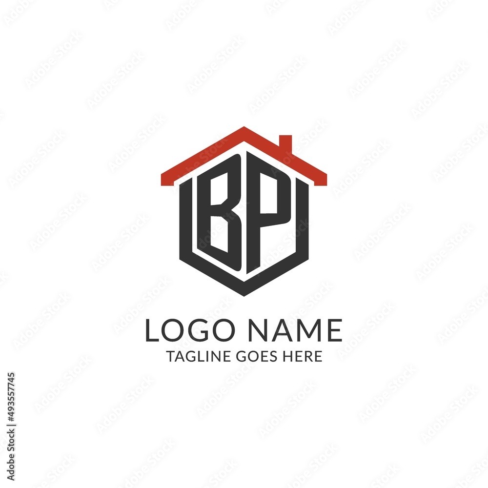 Initial logo BP monogram with home roof hexagon shape design, simple ...
