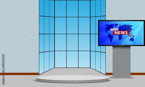 white stand and breaking news live on lcd screen in the news studio room