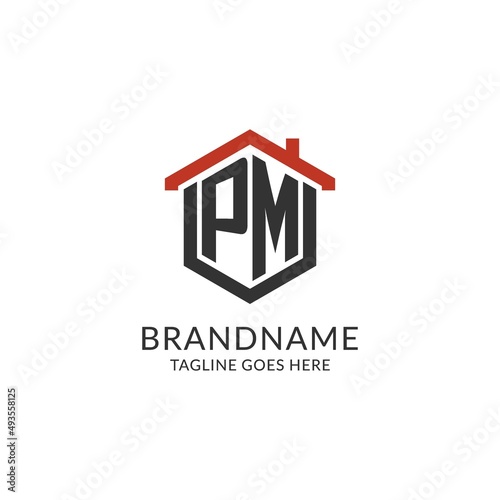 Initial logo PM monogram with home roof hexagon shape design, simple and minimal real estate logo design