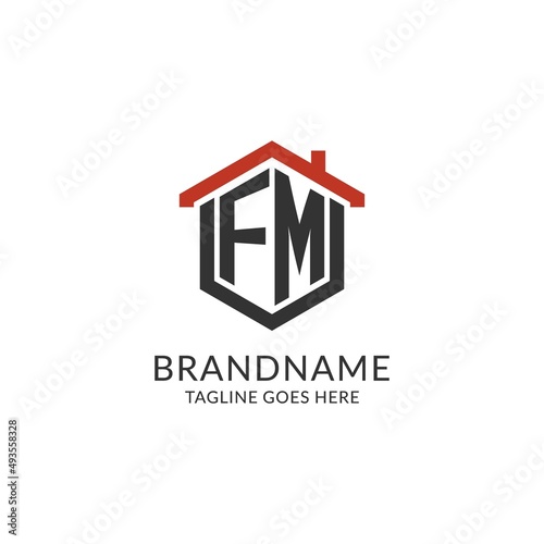 Initial logo FM monogram with home roof hexagon shape design, simple and minimal real estate logo design