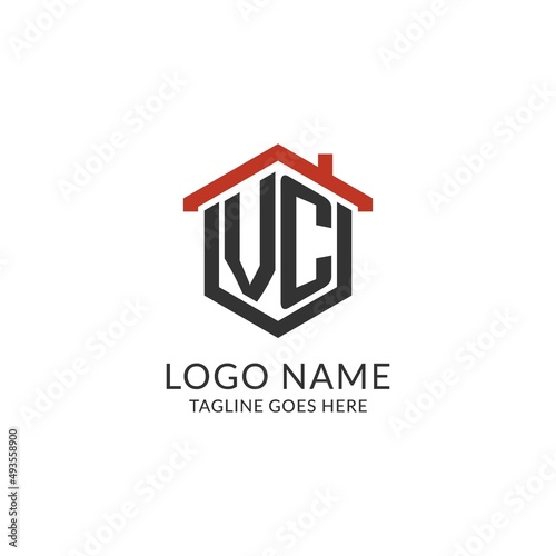 Initial logo VC monogram with home roof hexagon shape design, simple and minimal real estate logo design