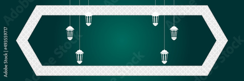 Islamic background, Gift box, lantern, green crescent moon on white. Design concept of ramadan kareem, mawlid, iftar,isra and miraj or eid al fitr adha, copy space text area. Vector illustration