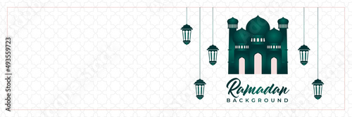 Islamic background, Gift box, lantern, green crescent moon on white. Design concept of ramadan kareem, mawlid, iftar,isra and miraj or eid al fitr adha, copy space text area. Vector illustration