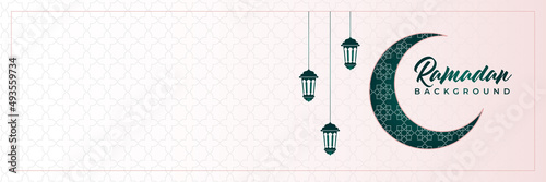 Islamic background, Gift box, lantern, green crescent moon on white. Design concept of ramadan kareem, mawlid, iftar,isra and miraj or eid al fitr adha, copy space text area. Vector illustration