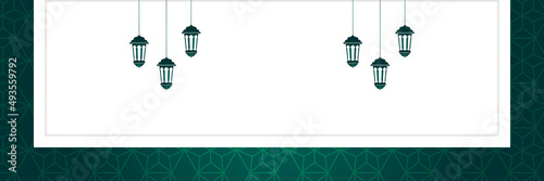 Islamic background, Gift box, lantern, green crescent moon on white. Design concept of ramadan kareem, mawlid, iftar,isra and miraj or eid al fitr adha, copy space text area. Vector illustration