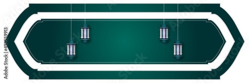 Islamic background, Gift box, lantern, green crescent moon on white. Design concept of ramadan kareem, mawlid, iftar,isra and miraj or eid al fitr adha, copy space text area. Vector illustration