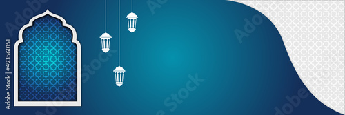 Islamic background, Gift box, lantern, blue crescent moon on white. Design concept of ramadan kareem, mawlid, iftar,isra and miraj or eid al fitr adha, copy space text area. Vector illustration