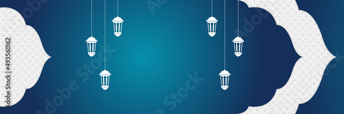 Islamic background, Gift box, lantern, blue crescent moon on white. Design concept of ramadan kareem, mawlid, iftar,isra and miraj or eid al fitr adha, copy space text area. Vector illustration
