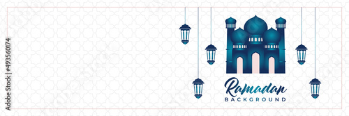 Islamic background, Gift box, lantern, blue crescent moon on white. Design concept of ramadan kareem, mawlid, iftar,isra and miraj or eid al fitr adha, copy space text area. Vector illustration