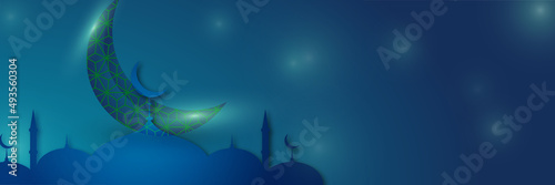Islamic background, Gift box, lantern, blue crescent moon on white. Design concept of ramadan kareem, mawlid, iftar,isra and miraj or eid al fitr adha, copy space text area. Vector illustration