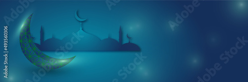 Islamic background, Gift box, lantern, blue crescent moon on white. Design concept of ramadan kareem, mawlid, iftar,isra and miraj or eid al fitr adha, copy space text area. Vector illustration
