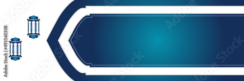 Islamic background, Gift box, lantern, blue crescent moon on white. Design concept of ramadan kareem, mawlid, iftar,isra and miraj or eid al fitr adha, copy space text area. Vector illustration