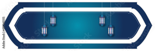 Islamic background, Gift box, lantern, blue crescent moon on white. Design concept of ramadan kareem, mawlid, iftar,isra and miraj or eid al fitr adha, copy space text area. Vector illustration