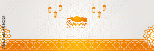 Islamic background, Gift box, lantern, fresh crescent moon on white. Design concept of ramadan kareem, mawlid, iftar,isra and miraj or eid al fitr adha, copy space text area. Vector illustration
