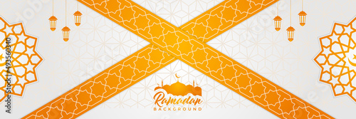 Islamic background, Gift box, lantern, fresh crescent moon on white. Design concept of ramadan kareem, mawlid, iftar,isra and miraj or eid al fitr adha, copy space text area. Vector illustration