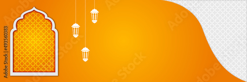 Islamic background, Gift box, lantern, fresh crescent moon on white. Design concept of ramadan kareem, mawlid, iftar,isra and miraj or eid al fitr adha, copy space text area. Vector illustration