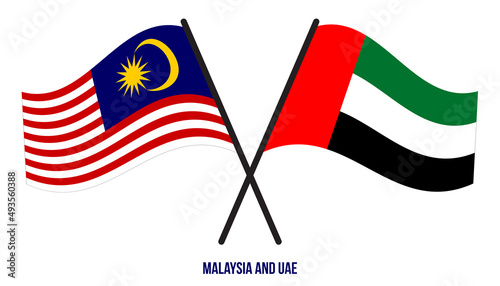 Malaysia and UAE Flags Crossed And Waving Flat Style. Official Proportion. Correct Colors.
