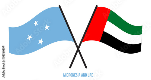 Micronesia and UAE Flags Crossed And Waving Flat Style. Official Proportion. Correct Colors.