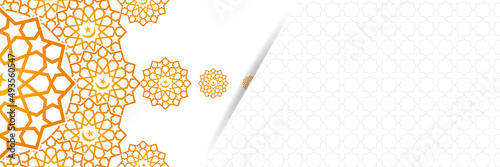 Islamic background, Gift box, lantern, fresh crescent moon on white. Design concept of ramadan kareem, mawlid, iftar,isra and miraj or eid al fitr adha, copy space text area. Vector illustration