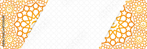 Islamic background, Gift box, lantern, fresh crescent moon on white. Design concept of ramadan kareem, mawlid, iftar,isra and miraj or eid al fitr adha, copy space text area. Vector illustration