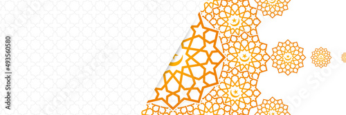 Islamic background, Gift box, lantern, fresh crescent moon on white. Design concept of ramadan kareem, mawlid, iftar,isra and miraj or eid al fitr adha, copy space text area. Vector illustration