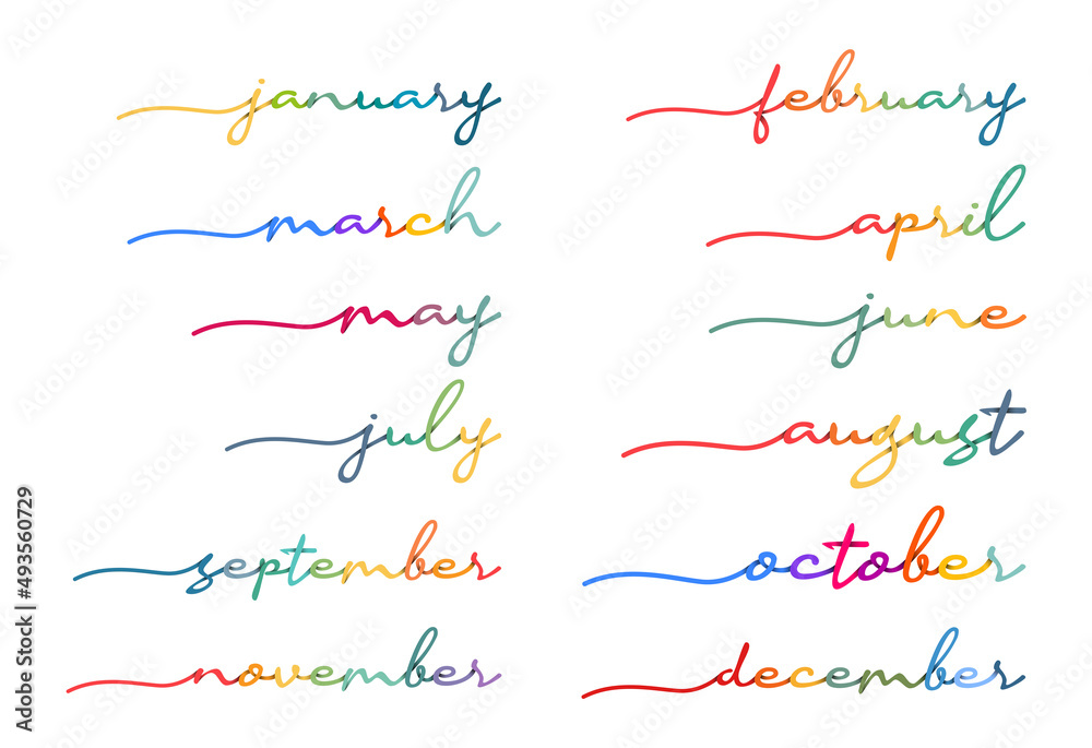 Months of The Year Handwriting Colorful Lettering. Calligraphy For Calendar Organizer Stationery Design