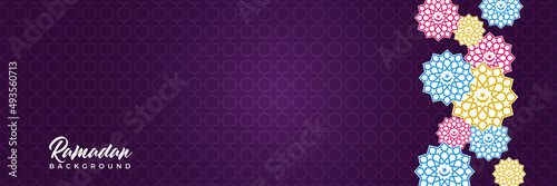 Islamic background, Gift box, lantern, purple crescent moon on white. Design concept of ramadan kareem, mawlid, iftar,isra and miraj or eid al fitr adha, copy space text area. Vector illustration