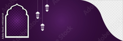 Islamic background, Gift box, lantern, purple crescent moon on white. Design concept of ramadan kareem, mawlid, iftar,isra and miraj or eid al fitr adha, copy space text area. Vector illustration