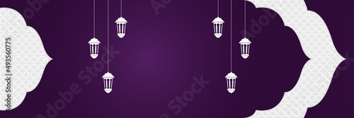 Islamic background, Gift box, lantern, purple crescent moon on white. Design concept of ramadan kareem, mawlid, iftar,isra and miraj or eid al fitr adha, copy space text area. Vector illustration