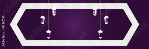 Islamic background, Gift box, lantern, purple crescent moon on white. Design concept of ramadan kareem, mawlid, iftar,isra and miraj or eid al fitr adha, copy space text area. Vector illustration