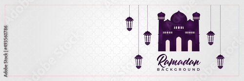 Islamic background, Gift box, lantern, purple crescent moon on white. Design concept of ramadan kareem, mawlid, iftar,isra and miraj or eid al fitr adha, copy space text area. Vector illustration