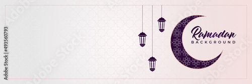 Islamic background, Gift box, lantern, purple crescent moon on white. Design concept of ramadan kareem, mawlid, iftar,isra and miraj or eid al fitr adha, copy space text area. Vector illustration