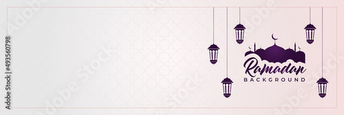 Islamic background, Gift box, lantern, purple crescent moon on white. Design concept of ramadan kareem, mawlid, iftar,isra and miraj or eid al fitr adha, copy space text area. Vector illustration