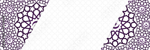 Islamic background, Gift box, lantern, purple crescent moon on white. Design concept of ramadan kareem, mawlid, iftar,isra and miraj or eid al fitr adha, copy space text area. Vector illustration