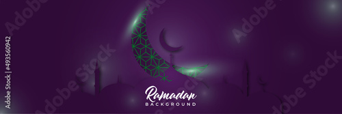 Islamic background, Gift box, lantern, purple crescent moon on white. Design concept of ramadan kareem, mawlid, iftar,isra and miraj or eid al fitr adha, copy space text area. Vector illustration
