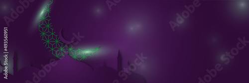 Islamic background, Gift box, lantern, purple crescent moon on white. Design concept of ramadan kareem, mawlid, iftar,isra and miraj or eid al fitr adha, copy space text area. Vector illustration