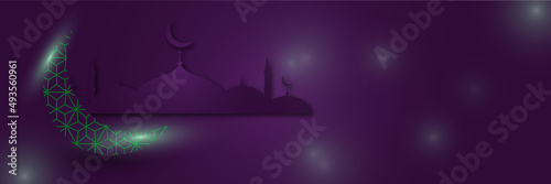 Islamic background, Gift box, lantern, purple crescent moon on white. Design concept of ramadan kareem, mawlid, iftar,isra and miraj or eid al fitr adha, copy space text area. Vector illustration