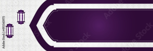 Islamic background, Gift box, lantern, purple crescent moon on white. Design concept of ramadan kareem, mawlid, iftar,isra and miraj or eid al fitr adha, copy space text area. Vector illustration