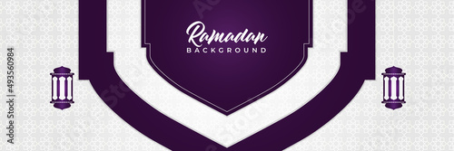 Islamic background, Gift box, lantern, purple crescent moon on white. Design concept of ramadan kareem, mawlid, iftar,isra and miraj or eid al fitr adha, copy space text area. Vector illustration
