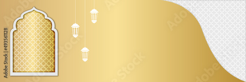 Islamic background, Gift box, lantern, white gold crescent moon on white. Design concept of ramadan kareem, mawlid, iftar,isra and miraj or eid al fitr adha, copy space text area. Vector illustration