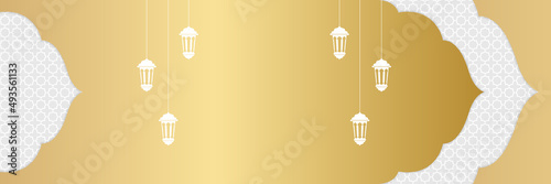 Islamic background, Gift box, lantern, white gold crescent moon on white. Design concept of ramadan kareem, mawlid, iftar,isra and miraj or eid al fitr adha, copy space text area. Vector illustration